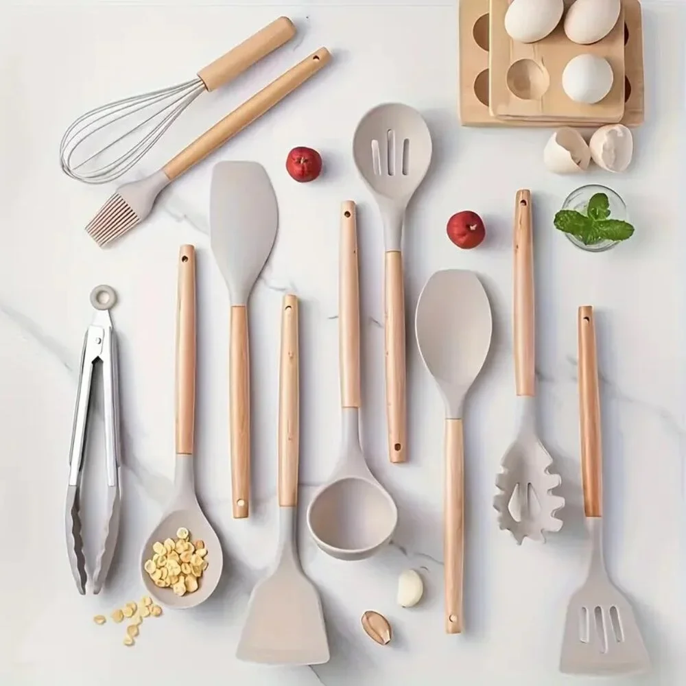 12pcs Non-Stick Silicone Kitchenware Utensil Set with Ergonomic Wooden Handle